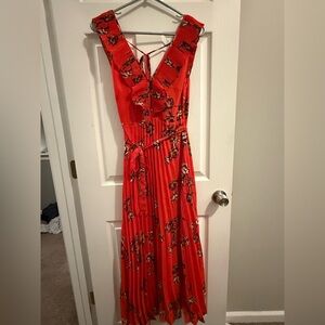 Loved By You Red Orange Floral Print Pleated Chiffon Maxi Dress